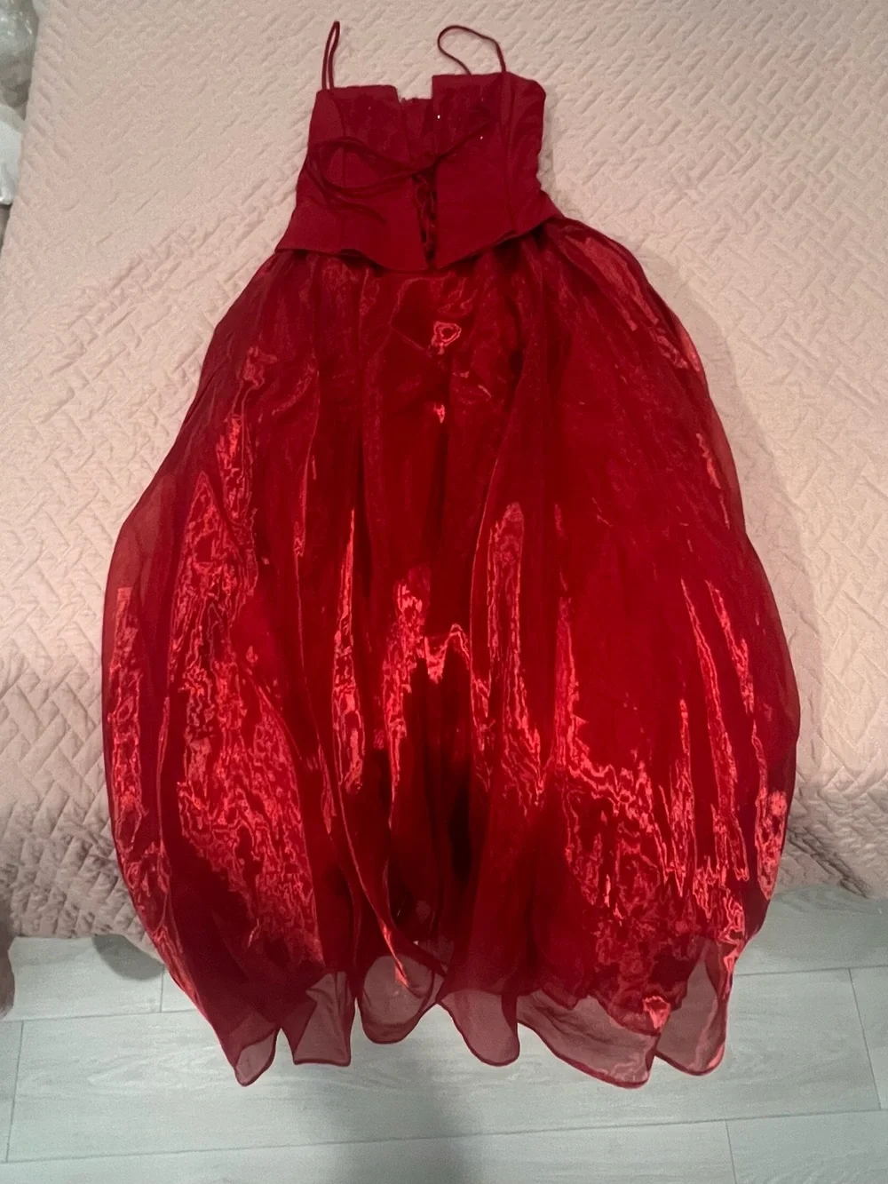 Strapless Red Prom Dress with Full Organza Skirt - Picture 2 of 5